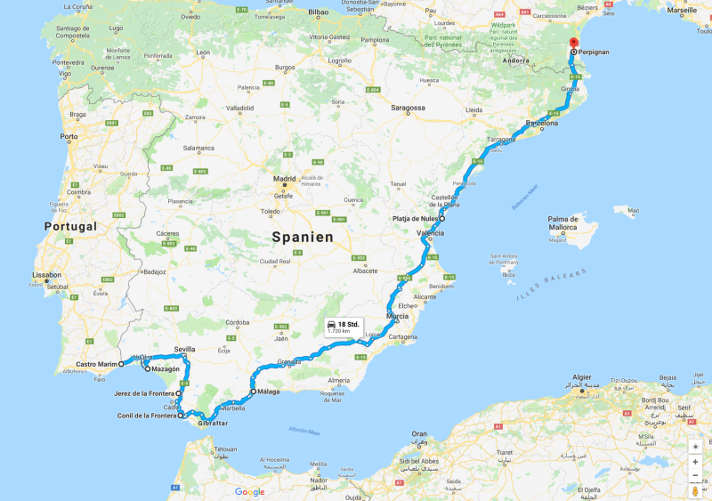 Spanien 1989 Teil 4, Karte erzeugt mit Hilfe von Google Maps